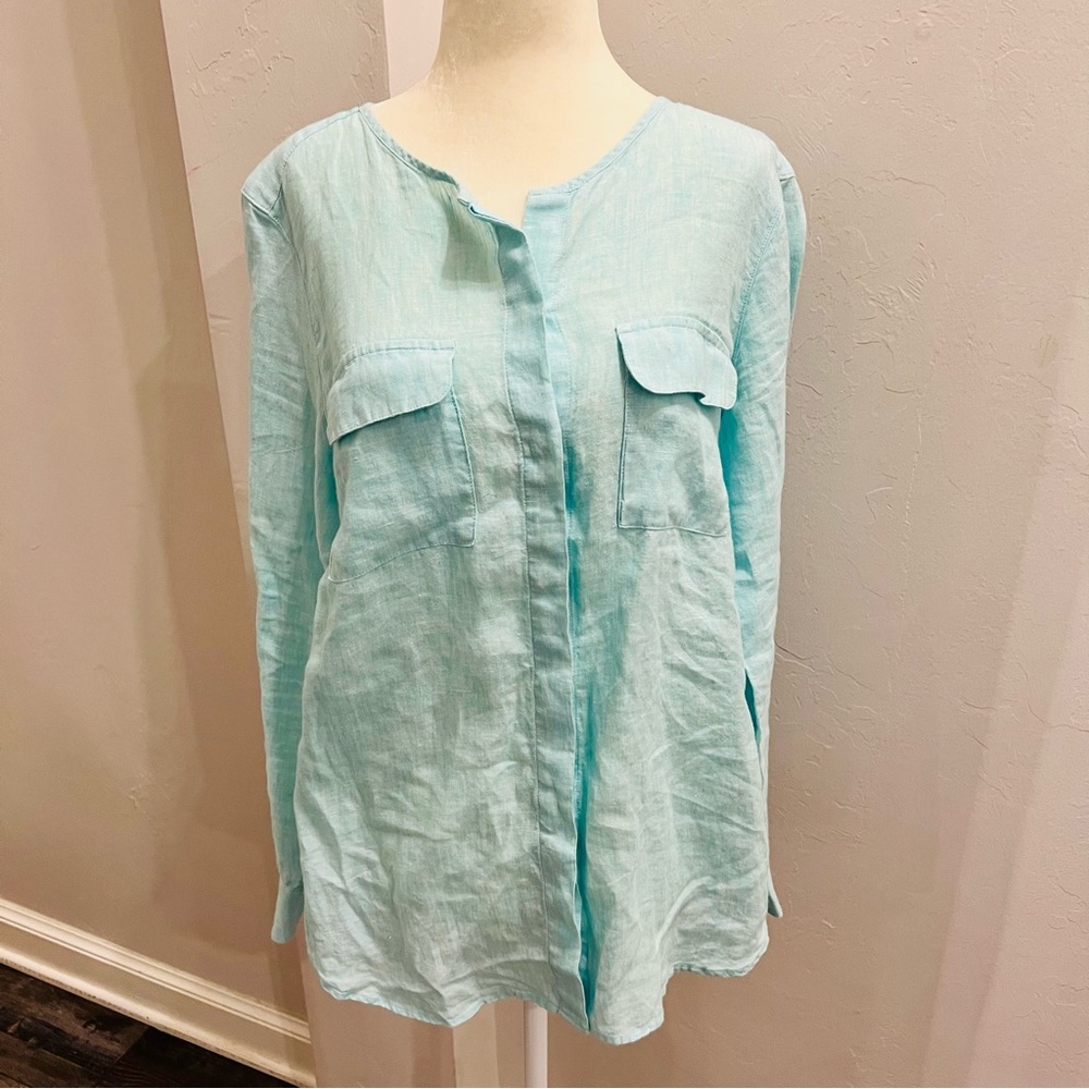 Talbots Light Aqua Button-Front Linen Blouse